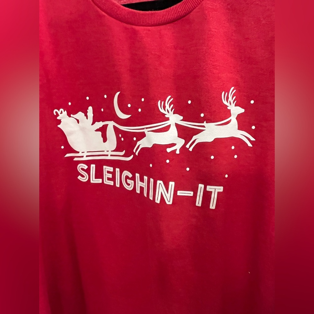 3XL Men's Holiday Time Red Crewneck Sweater with White Sleigh Graphic - Picture 3 of 7